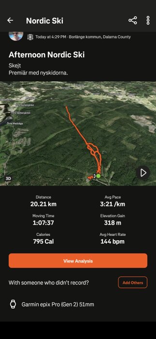 Skidspår i skog på karta, 20,21 km distans, 318 m höjd, 3:21 min/km tempo, 1:07:37 tid, 795 kalorier, 144 bpm puls. Garmin klocka användes.