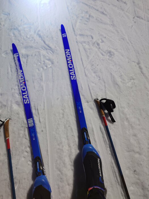 Två blå längdskidor med märket Salomon ligger på snön, omgivna av stavar med trähandtag.