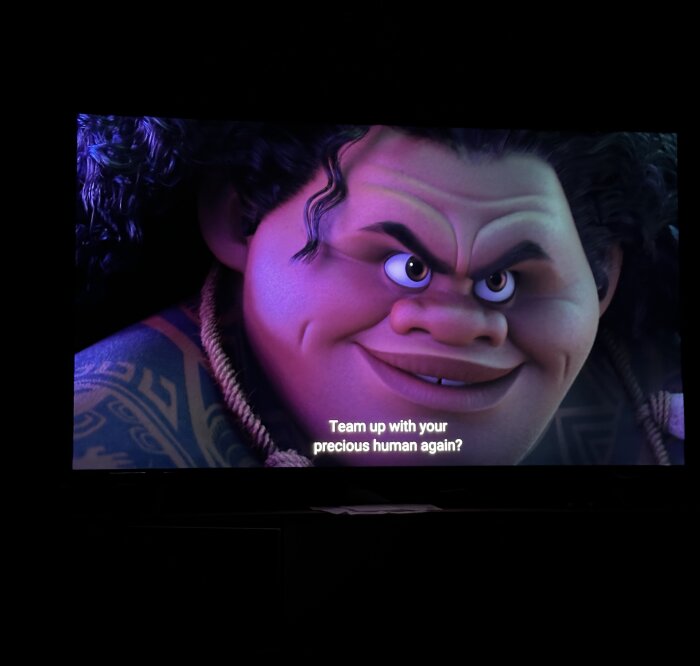 Animerad karaktär på en skärm med texten "Team up with your precious human again?".