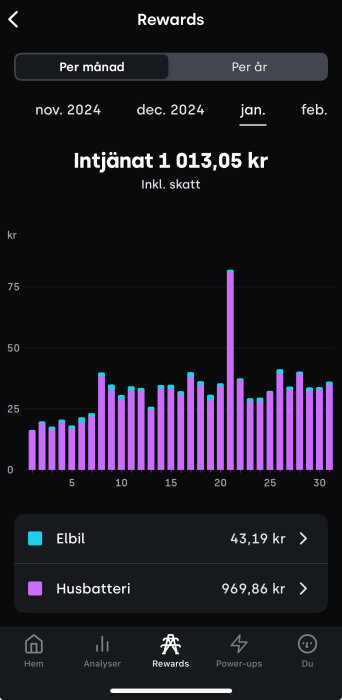 Diagram över intjänade belopp för januari, totalt 1013,05 kr, med poster för elbil och husbatteri. Största topp vid dag 20.