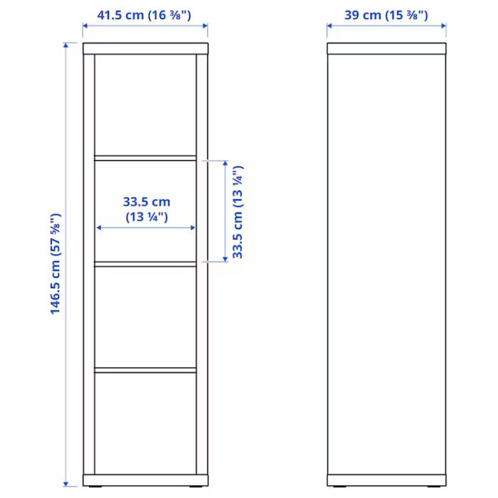 Ritning med mått på en Kallaxhylla, visar höjd 146,5 cm, bredd 41,5 cm, och djup 39 cm. Fyra hyllplan med avstånd på 33,5 cm mellan varje.