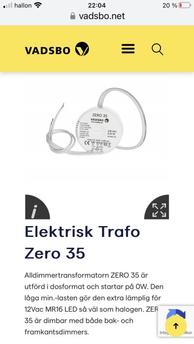 Bild av Vadsbo elektrisk transformator Zero 35 för LED och halogenlampor, dimbar och utförd i dosformat, visas med specifikationer och logotyp.