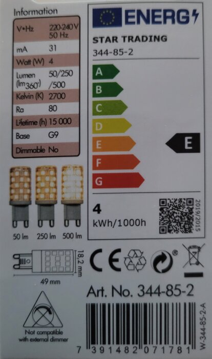 Förpackning med lampa på 4W från Star Trading med energiklass E, ljusflöde 50-500 lm, livslängd 15 000h, ej dimbar, sockel G9.