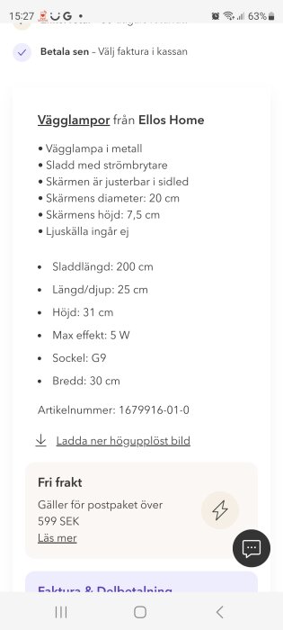 Produktbeskrivning av en vägglampa från Ellos Home med detaljer som max effekt 5W och mått för skärm och sladd.