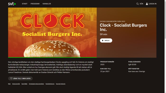 Bilden visar en dokumentär om den statliga hamburgerkedjan Clock, med en bild på en sesambulle och titeltexten "Clock - Socialist Burgers Inc.