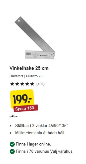 Vinkelhake Hultafors 25 cm, pris 199 kr, med millimeterskala och ställbar i tre vinklar. Finns online och i butik, rabatt 150 kr.