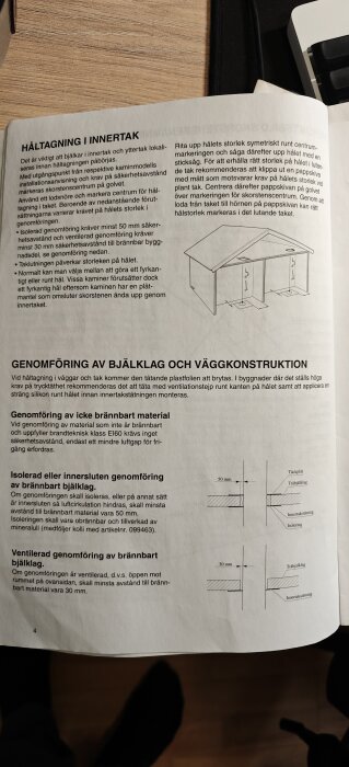 Manualsida för Contura Premodul med instruktioner och diagram om håltagning i innertak och väggar samt isoleringsmaterial som mineralull.