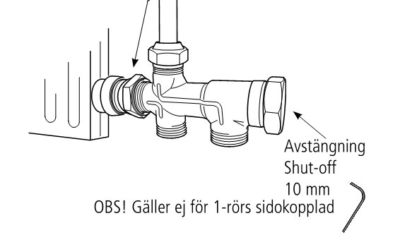 Illustration av MMA Flex-koppel med avstängningsanvisning och 10 mm insexnyckel, ej för 1-rörs sidokopplade.