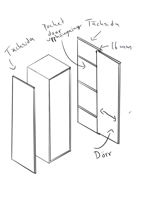 Skiss av ett högskåp med en lösning för pocket door-upphängning, inklusive täcksidor och 16 mm tjock MDF-paneler.