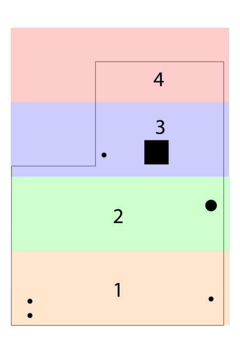 Diagram som visar två alternativ för golvspånläggning över reglade golv, med sektioner märkta 1 till 4 i olika färger och punkter markerade.