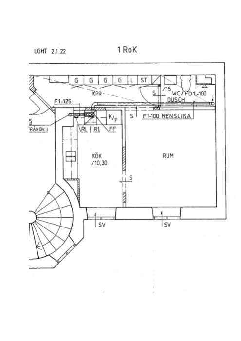 Planritning som visar layout av en lägenhet med markerade väggar mellan kök och rum samt badrum och andra detaljer.