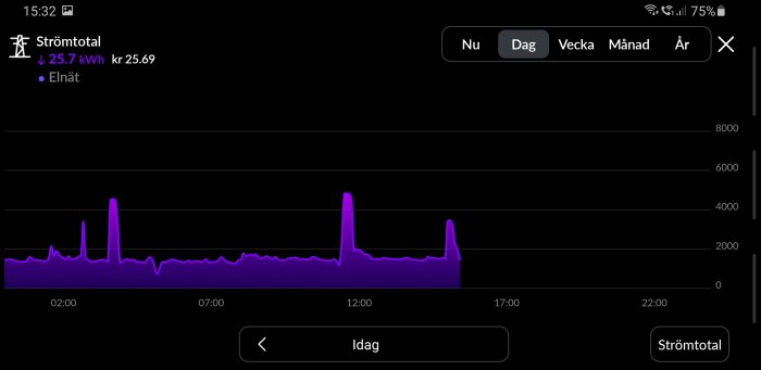 Graf över elförbrukning från appen Homewisard med dagens strömförbrukning i kWh, visande tidpunkter och förbrukningstoppar.