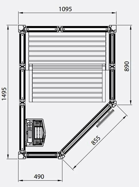 Ritning av basturum Tylö Impression, mått 1095x1495x2090 mm, visar disposition med aggregat och sittplatser. Perfekt för små badrum.