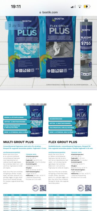 Bild av två Bostik fogpåsar med etiketter "Multi Grout Plus" och "Flex Grout Plus" samt en silikonfog tub, mot en kaklad bakgrund.