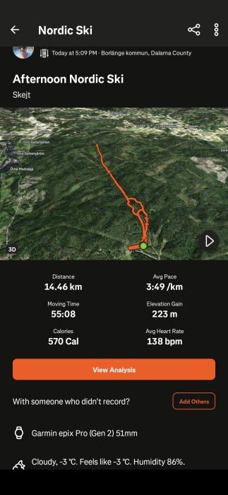 Karta över skidspår i Borlänge kommun, Dalarna. Distans 14,46 km, medelhastighet 3:49 min/km, höjdökning 223 m, förbrukning 570 kCal, puls 138 bpm.