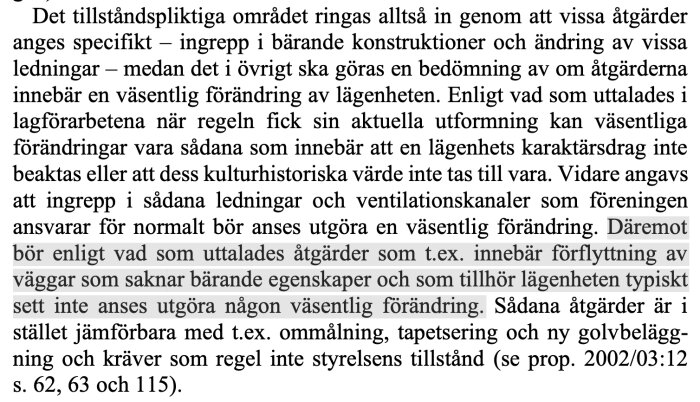 Textutdrag ur lagstiftning om tillståndskrävande åtgärder vid flytt av icke bärande väggar i lägenheter, markerat stycke om tillståndsfrihet.