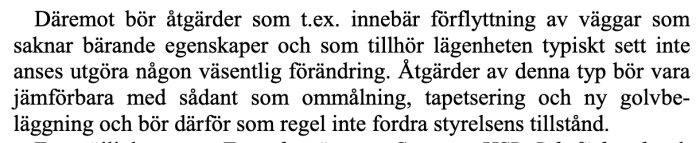 Textutdrag från proposition Prop. 2002/03:12 om åtgärder i lägenheter som inte kräver tillstånd, exempelvis flytt av icke-bärande väggar.