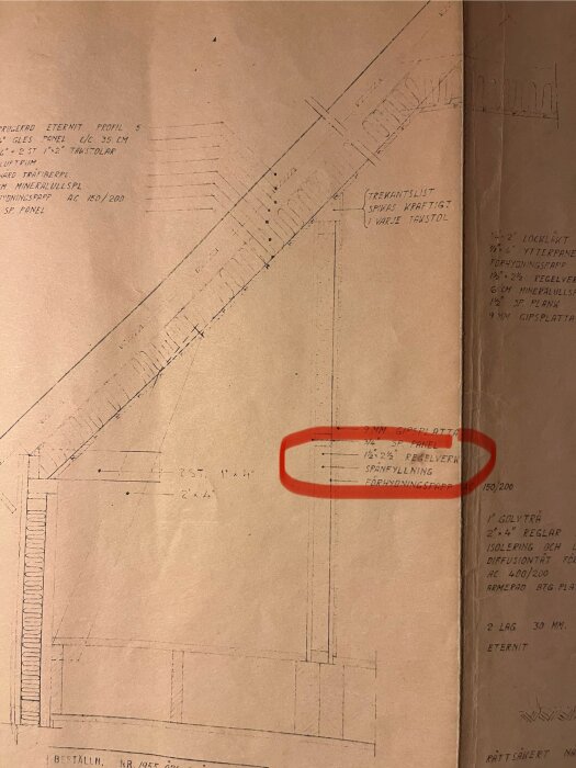 Ritning med markering av regelverk, 1,5-2,5 tum tjocklek. Texter anger material och dimensioner, sektioner av takstolar och isolering.