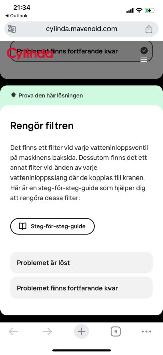 Skärmdump av en guide från Cylinda som beskriver hur man rengör filtren i en maskin, med alternativ för att lösa problemet i gränssnittet.