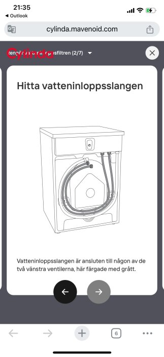 Illustration av baksidan av en tvättmaskin som visar vatteninloppsslangarna kopplade till de vänstra ventilerna.