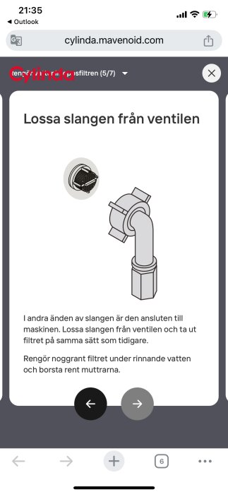 Illustration av en slang och ventil med instruktioner för att lossa och rengöra filtret på en Cylinda vitvara.