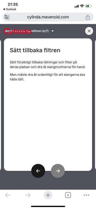 Webbsida med instruktioner från Cylinda om att sätta tillbaka filter på rätt plats och dra åt slangmuttrar för tätning på en maskin.