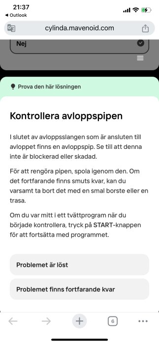 Webbsida med instruktioner för kontroll och rengöring av avloppspip på diskmaskin för att undvika blockering.