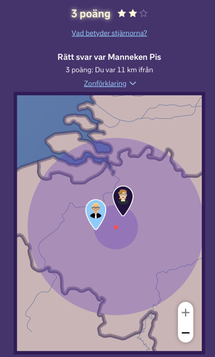 Karta med poäng från spel. Manneken Pis rätt svar, 3 poäng. Två ikoner på kartan och zonmarkeringsområde. Zoomkontroll synlig.