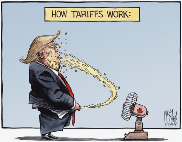 Tecknad bild av person som blåser i en fläkt, symboliserar hur tullar fungerar med text "How tariffs work".
