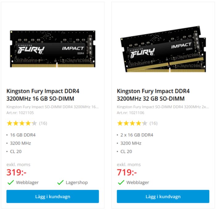 Två typer av Kingston Fury Impact DDR4 RAM-minnen visas; ett 16 GB för 319 kr och ett kit med 2x16 GB för 719 kr, båda med 3200MHz hastighet.
