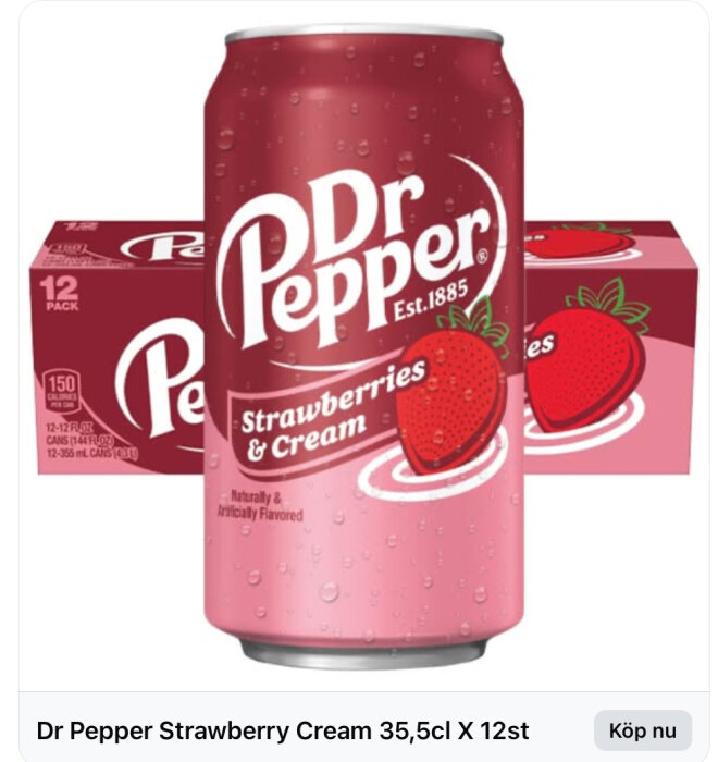 Rosa burk med Dr Pepper Strawberry & Cream bredvid en 12-pack låda.