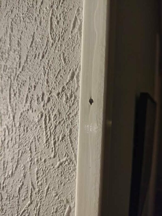 Lister fastspikade på vägg med små spikhål, texturerad vägg synlig.
