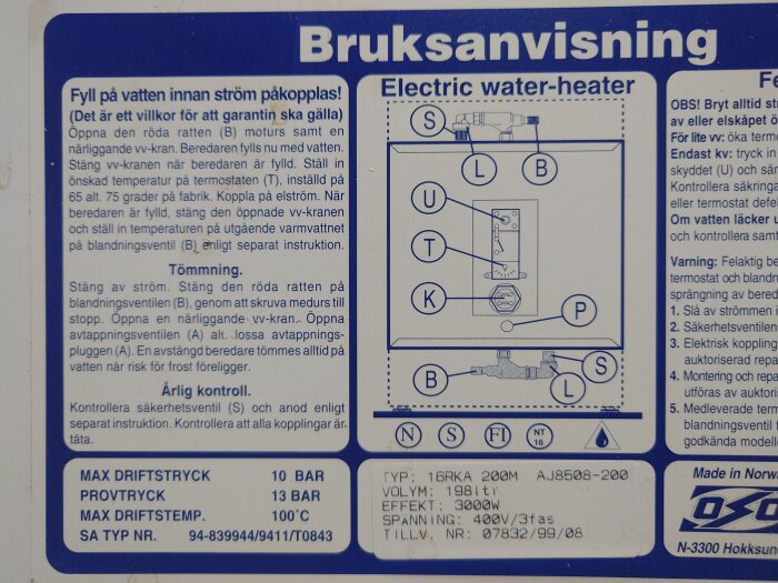 Bruksanvisning för norsk el-vattenberedare, visar diagram och textinstruktioner med fokus på fyllning och tömning, men saknar avtappningskran markering (A).