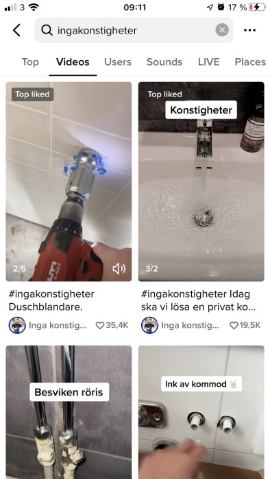 TikTok-skärmdump med videos av duschblandare, rinnande vatten i handfat, och rörkopplingar.