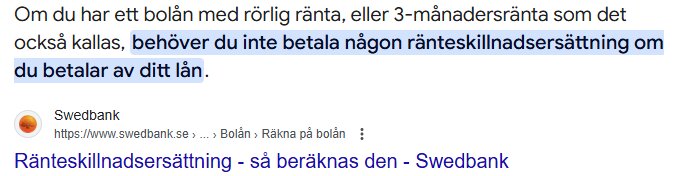 Skärmdump av Google-sökresultat för Swedbank med texthöjdpunktering om räntekostnader vid rörlig ränta. Länken handlar om räntekompensation.