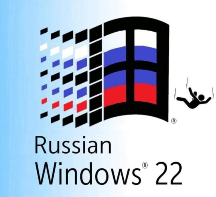 Logotyp för Russian Windows 22 med blå, vita och röda färger samt en ikon av en fallande person.