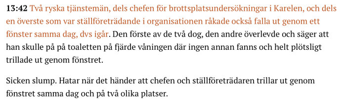 Text med nyhetsrapport om två ryska tjänstemän som fallit ut genom ett fönster.