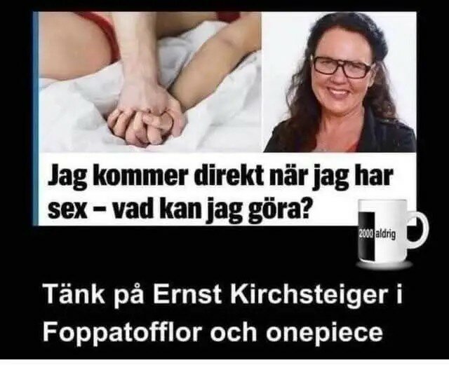 Meme med ikonisk kvinna och händer som håller, text om att tänka på Ernst Kirchsteiger i foppatofflor och onepiece för att lösa ett sexuellt problem.