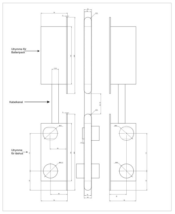 Ritning av mekanisk del med utrymme för batteripack och låshus samt kabelkanal. Mått och placeringar markerade.