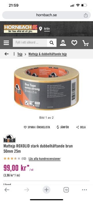 Dubbelhäftande brun mattejp Roxolid, 50mm x 25m, säljs för 99 kr på Hornbach som visas på en produktsida.