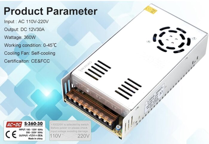 Nätaggregat S-360-30 med AC-ingång 110-220V, DC-utgång 12V/30A, effekt 360W, självkylande fläkt, CE&FCC-certifiering.