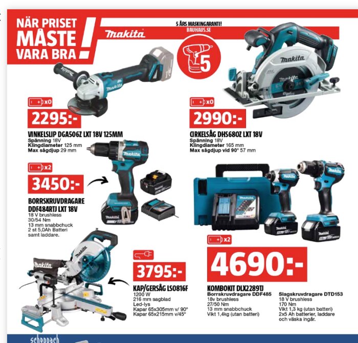 Reklamblad från Bauhaus med bilder och priser på Makita-verktyg som vinkelslip, cirkelsåg, borrskruvdragare och kap-/gersåg.