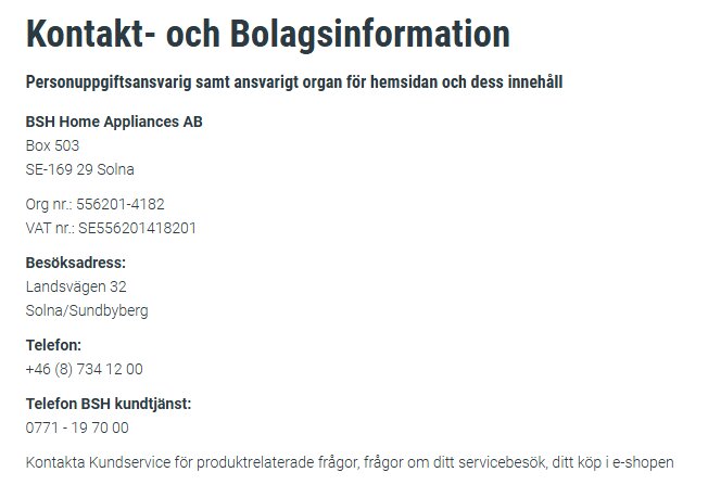 Kontakt- och bolagsinformation för BSH Home Appliances AB, inklusive adress och telefonnummer, visas i svart text mot en vit bakgrund.