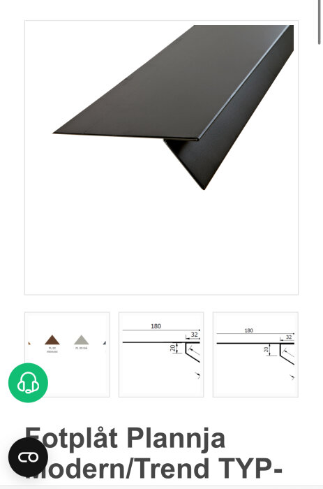 Svart plåtprofil för takfot, Fotplåt Plannja Modern/Trend, med L-form och angivna mått.