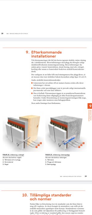 Två diagram visar infästningar i träregel och betongvägg; skruvar, tätmassa, och plugg visas. Rubrikerna täcker efterkommande installationer och tillämpbara standarder.