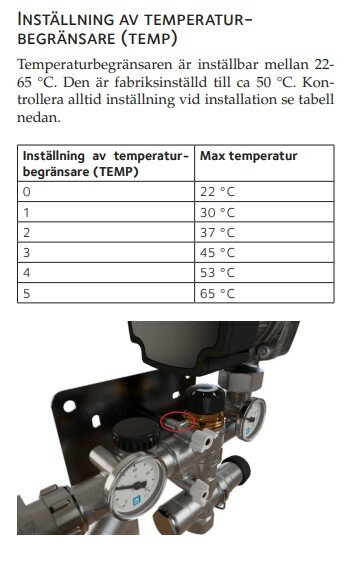 Tabell med temperaturinställningar för en temperaturbegränsare (TEMP) i ett golvvärmesystem, inställbar från 22 °C till 65 °C.