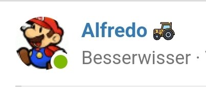 Konto med profilbild av tecknad karaktär i röd keps. Användarnamnet "Alfredo" med en traktoremoji, och status "Besserwisser".