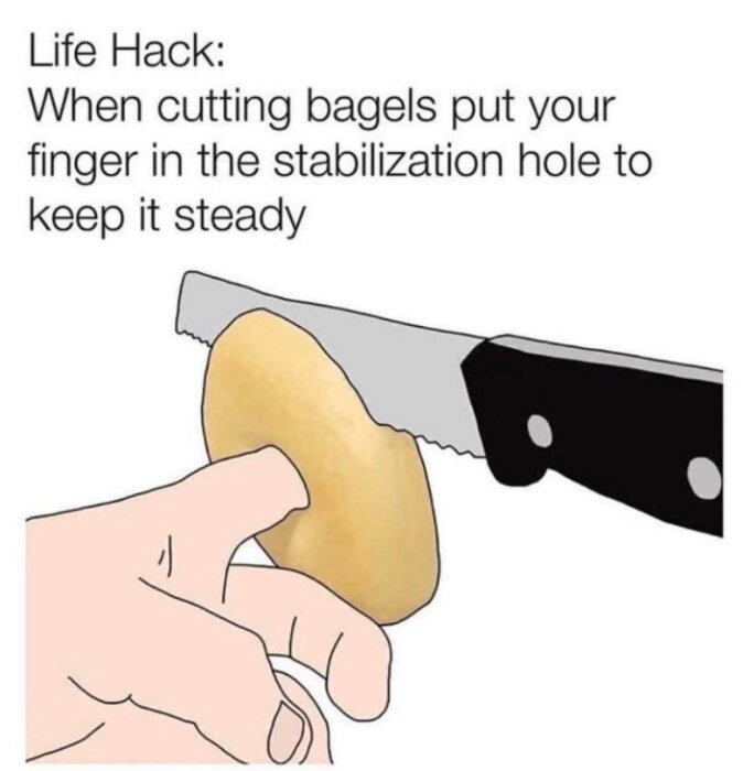 Tecknad bild av livshack där en person håller en bagel genom hålet med ett finger och skär den med en kniv.