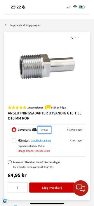 Anslutningsadapter för kopparrör, utvändig G10 till Ø10 mm rör, i metall.