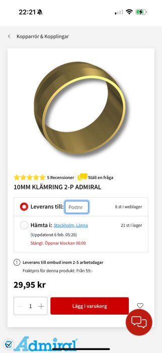 Guldfärgad 10 mm klämring från Admiral, visas i en onlinebutik med pris och lagerstatus.